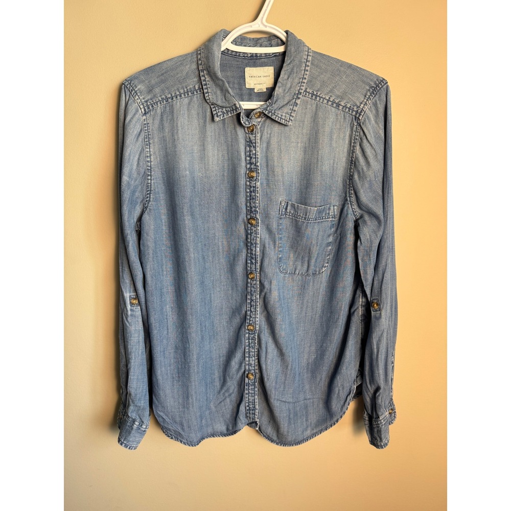 American Eagle Boyfriend Fit Blue Denim Lyocell Button Up Shirt L Coastal Boho